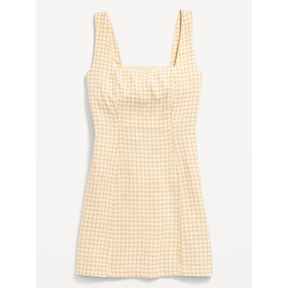 Old Navy Yellow Gingham Square Neck Mini Dress XL Sleeveless Smocked Back 708450 - Picture 2 of 9